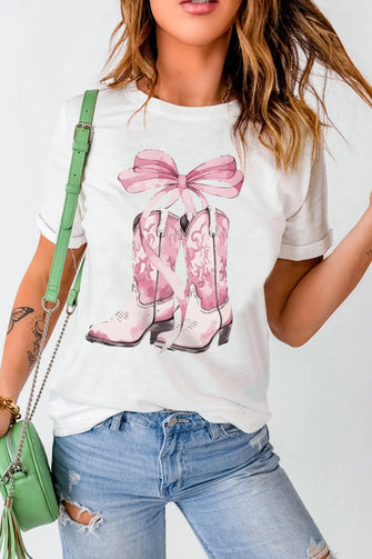 White T-Shirt with Pink Cowboy Boots Graphic for Women White