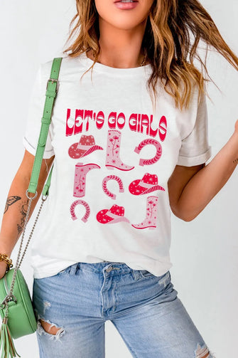 White T-Shirt with Pink Cowboy Graphics for Women White