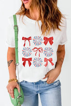White t shirt with red bows and firework design for women