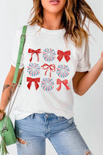 White T-Shirt with Red Bows and Firework Design for Women