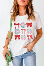 White T-Shirt with Red Bows and Firework Design for Women