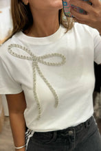 White T-Shirt with Rhinestone Bow for Women White