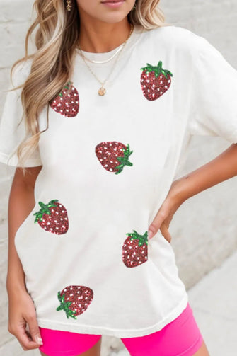 White T-Shirt with Sequin Strawberry Pattern for Women White