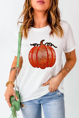 White T-Shirt with Sequined Pumpkin Design for Women White