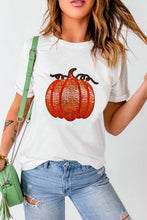 White T-Shirt with Sequined Pumpkin Design for Women