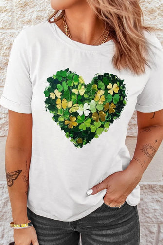 White T-Shirt with Shamrock Heart Design for Women White