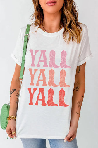White T-Shirt with Yall and Cowboy Boot Graphic White
