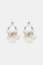 White tassel dangle earrings with cotton cord, floral accents, silver hardware