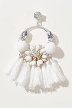 White tassel dangle earrings with cotton cord, silver accents, and gemstone