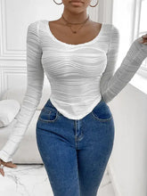 White Textured Long Sleeve Crop Top for Women Woman T Shirts