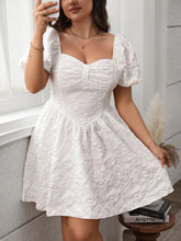 White Textured Puff Sleeve Smocked Dress White