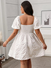 White Textured Puff Sleeve Smocked Dress