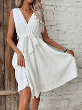 White Textured Sleeveless Wrap Dress with Tie Waist Casual Dresses