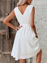 White Textured Sleeveless Wrap Dress with Tie Waist Casual Dresses