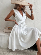 White Textured Sleeveless Wrap Dress with Tie Waist Casual Dresses