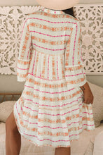 White Boho Tiered Mini Dress with Pink and Orange Pattern