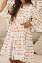 White Boho Tiered Mini Dress with Pink and Orange Pattern