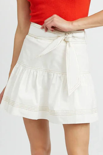 White Tiered Cotton Mini Skirt with Tie Waist White