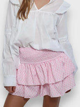 Pink and White Tiered Ruffle Mini Skirt with Smocked Waist