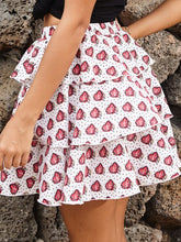 White Tiered Strawberry Print Skirt for Women