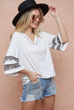 White Triblend Knit Top with Leopard Band Patterned Bell Sleeves IVORY
