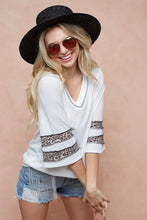 White Triblend Knit Top with Leopard Band Patterned Bell Sleeves