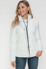 White Turtleneck Puffer Jacket with Pocketed Zip for Women