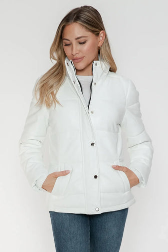 White Turtleneck Puffer Jacket with Pocketed Zip for Women White