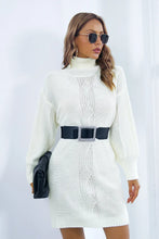 White Turtleneck Sweater Dress with Long Sleeve Length and Black Belt