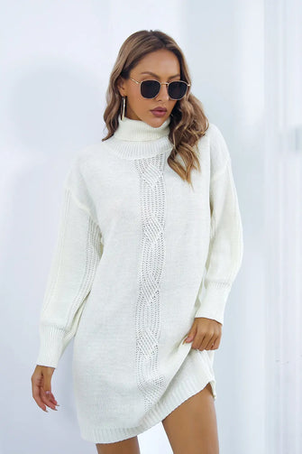 White Turtleneck Sweater Dress with Long Sleeve Length and Black Belt White