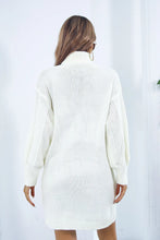 White Turtleneck Sweater Dress with Long Sleeve Length and Black Belt
