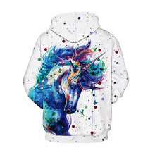 White unicorn print drawstring hoodie with colorful watercolor design