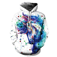 White unicorn print drawstring hoodie with colorful watercolor design