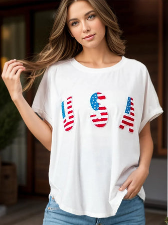 White USA Flag T-Shirt for Women Short Sleeve Basic Stretchy Blouse White