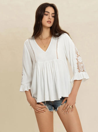 White V-Neck Blouse with Lace Sleeves White