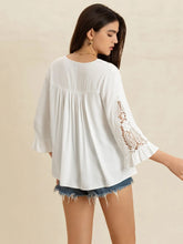 White V-Neck Blouse with Lace Sleeves