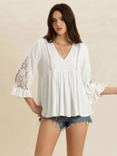 White V-Neck Blouse with Lace Sleeves