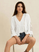 White V-Neck Blouse with Lace Sleeves Woman T Shirts