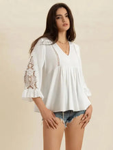 White V-Neck Blouse with Lace Sleeves Woman T Shirts