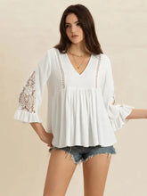 White V-Neck Blouse with Lace Sleeves Woman T Shirts