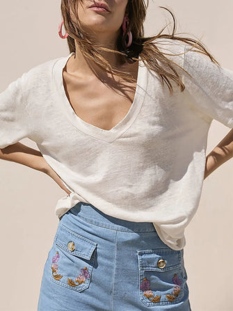 White V-Neck Cotton Blend T-Shirt for Women White