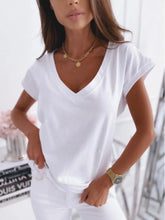 White V-Neck Short Sleeve T Shirt for Women Basic Style