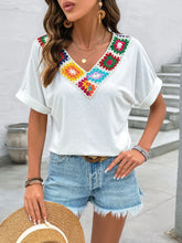 White V Neck T Shirt with Colorful Crochet Trim White