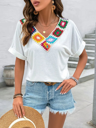 White V Neck T Shirt with Colorful Crochet Trim White