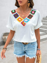 White V Neck T Shirt with Colorful Crochet Trim