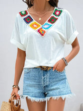 White V Neck T Shirt with Colorful Crochet Trim