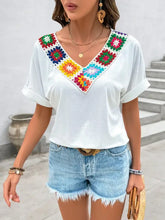 White V Neck T Shirt with Colorful Crochet Trim Woman T Shirts