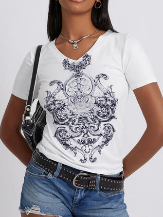 White V-Neck T-Shirt with Ornate Graphic for Women White