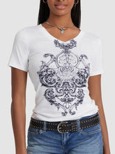 White V-Neck T-Shirt with Ornate Graphic for Women Woman T Shirts