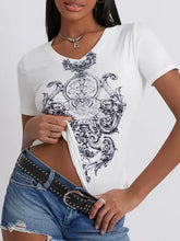 White V-Neck T-Shirt with Ornate Graphic for Women Woman T Shirts